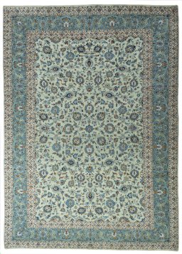 Full view of 2000s Kashan rug from Iran / Persia, 416 × 300 cm in Green tones