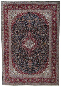 Full view of 2000s Kashan rug from Iran / Persia, 434 × 298 cm in Blue tones