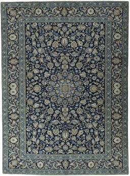 Full view of 2000s Kashan rug from Iran / Persia, 405 × 297 cm in Blue tones