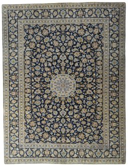 Full view of 1970s Kashan rug from Iran / Persia, 400 × 305 cm in Blue tones