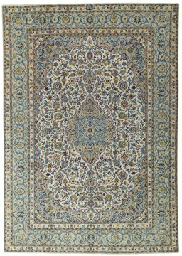 Full view of 2000s Kashan rug from Iran / Persia, 388 × 272 cm in Beige tones