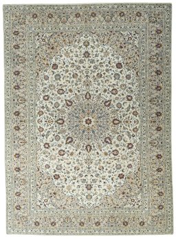 Full view of 2000s Kashan rug from Iran / Persia, 396 × 287 cm in Beige tones