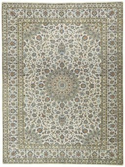 Full view of 2000s Kashan rug from Iran / Persia, 390 × 294 cm in Beige tones
