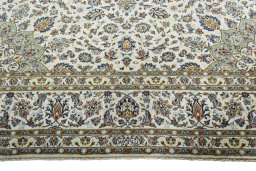 Full view of 2000s Kashan rug from Iran / Persia, 390 × 294 cm in Beige tones
