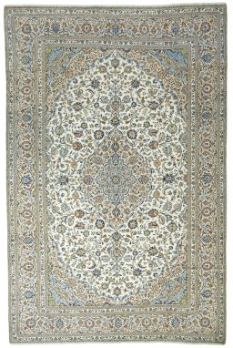 Full view of 2000s Kashan rug from Iran / Persia, 448 × 296 cm in Beige tones