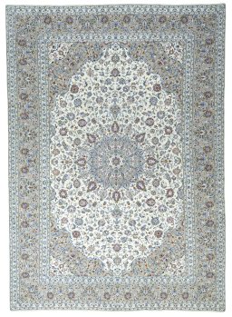 Full view of 2000s Kashan rug from Iran / Persia, 413 × 292 cm in Beige tones