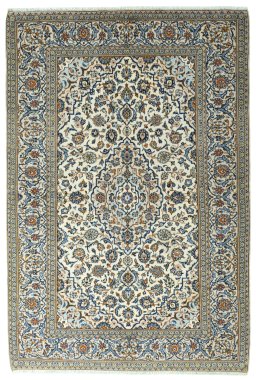 Full view of 2000s Kashan rug from Iran / Persia, 296 × 200 cm in Beige tones