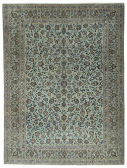 Full view of 2000s Kashan rug from Iran / Persia, 401 × 302 cm in Green tones
