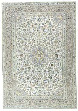 Full view of 2000s Kashan rug from Iran / Persia, 416 × 289 cm in Beige tones