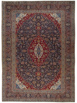 Full view of 2000s Kashan rug from Iran / Persia, 404 × 295 cm in Blue tones