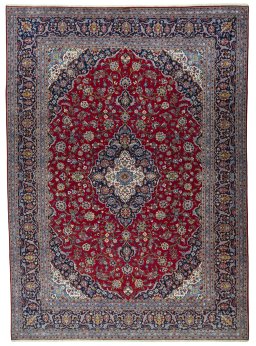 Full view of 2000s Kashan rug from Iran / Persia, 444 × 322 cm in Red tones