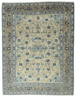 Full view of 2000s Kashan rug from Iran / Persia, 382 × 298 cm in Beige tones