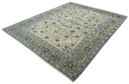 Corner detail of 2000s Kashan rug showing border pattern and Wool pile