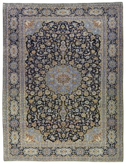 Full view of 2000s Kashan rug from Iran / Persia, 396 × 304 cm in Blue tones