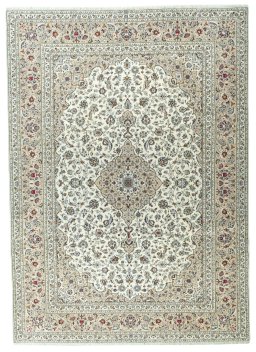 Full view of 2000s Kashan rug from Iran / Persia, 341 × 246 cm in Beige tones