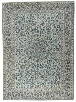 Full view of 2000s Kashan rug from Iran / Persia, 410 × 300 cm in Green tones