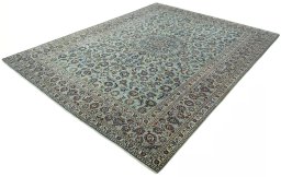 Corner detail of 2000s Kashan rug showing border pattern and Wool pile