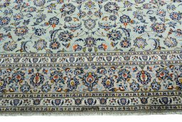 Full view of 2000s Kashan rug from Iran / Persia, 410 × 300 cm in Green tones