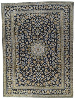Full view of 2000s Kashan rug from Iran / Persia, 410 × 304 cm in Blue tones