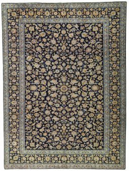 Full view of 2000s Kashan rug from Iran / Persia, 407 × 305 cm in Blue tones