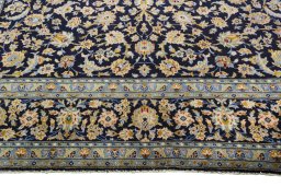 Full view of 2000s Kashan rug from Iran / Persia, 407 × 305 cm in Blue tones