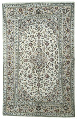 Full view of 2000s Kashan rug from Iran / Persia, 300 × 191 cm in Beige tones