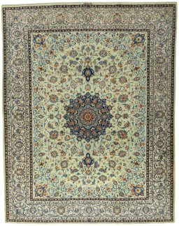 Full view of 2000s Kashan rug from Iran / Persia, 384 × 301 cm in Green tones