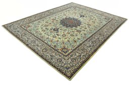 Corner detail of 2000s Kashan rug showing border pattern and Wool pile