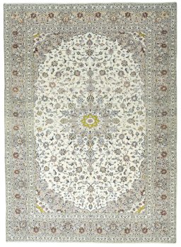 Full view of 2000s Kashan rug from Iran / Persia, 410 × 298 cm in Beige tones