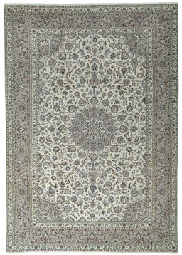 Full view of 2000s Kashan rug from Iran / Persia, 409 × 286 cm in Beige tones