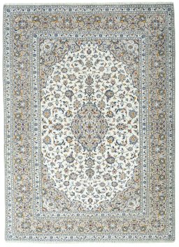 Full view of 2000s Kashan rug from Iran / Persia, 337 × 245 cm in Beige tones