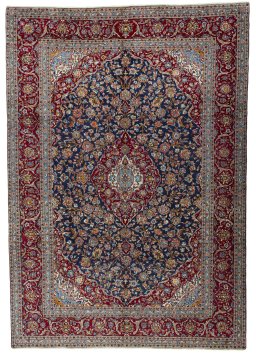 Full view of 2000s Kashan rug from Iran / Persia, 415 × 292 cm in Blue tones