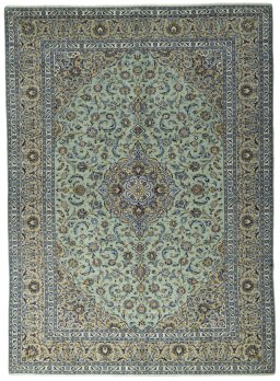 Full view of 2000s Kashan rug from Iran / Persia, 407 × 295 cm in Green tones