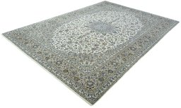 Corner detail of 2000s Kashan rug showing border pattern and Wool pile