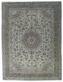 Full view of 2000s Kashan rug from Iran / Persia, 396 × 303 cm in Blue tones