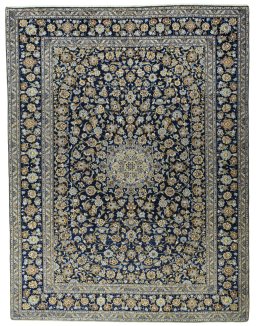 Full view of 2000s Kashan rug from Iran / Persia, 410 × 315 cm in Blue tones