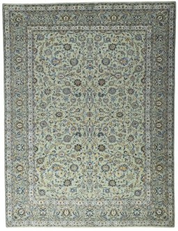 Full view of 2000s Kashan rug from Iran / Persia, 391 × 297 cm in Green tones