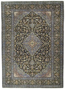 Full view of 2000s Kashan rug from Iran / Persia, 410 × 297 cm in Blue tones