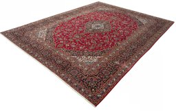 Corner detail of 2000s Kashan rug showing border pattern and Wool pile