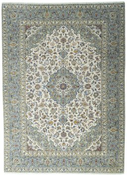 Full view of 2000s Kashan rug from Iran / Persia, 347 × 252 cm in Beige tones