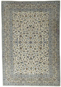 Full view of 2000s Kashan rug from Iran / Persia, 430 × 297 cm in Beige tones