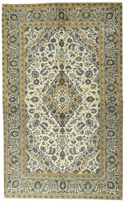Full view of 2000s Kashan rug from Iran / Persia, 310 × 192 cm in Beige tones
