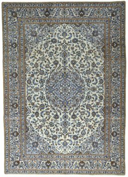 Full view of 2000s Kashan rug from Iran / Persia, 355 × 256 cm in Beige tones