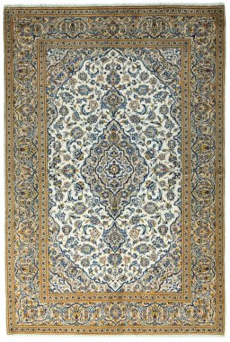 Full view of 2000s Kashan rug from Iran / Persia, 291 × 196 cm in Beige tones