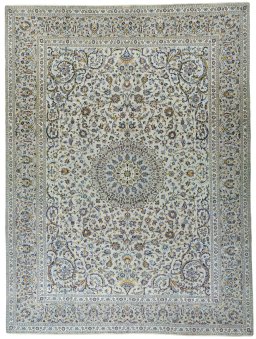 Full view of 2000s Kashan rug from Iran / Persia, 390 × 291 cm in Blue tones