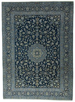 Full view of 2000s Kashan rug from Iran / Persia, 404 × 295 cm in Blue tones