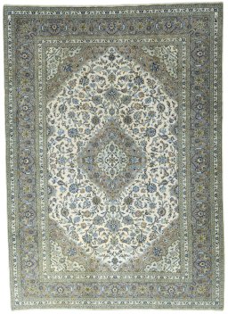 Full view of 2000s Kashan rug from Iran / Persia, 345 × 247 cm in Beige tones
