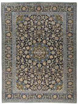 Full view of 2000s Kashan rug from Iran / Persia, 393 × 297 cm in Blue tones
