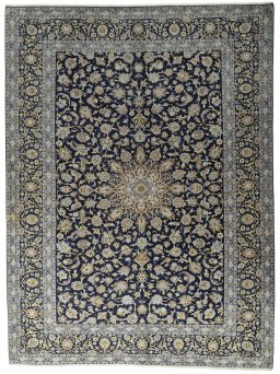 Full view of 2000s Kashan rug from Iran / Persia, 394 × 295 cm in Blue tones