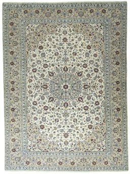 Full view of 2000s Kashan rug from Iran / Persia, 397 × 292 cm in Beige tones